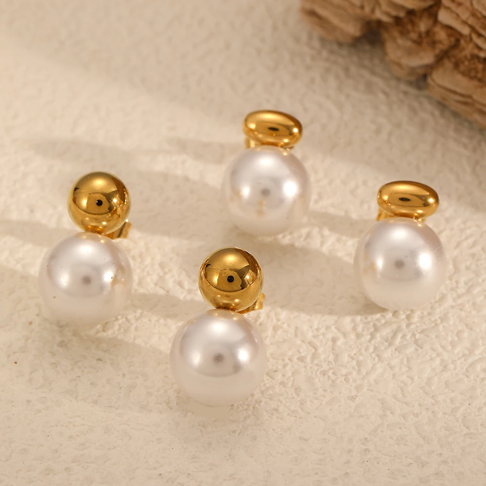 TD Stainless Steel Metal Ball Hang Pearl Stub Earring 18K Gold Plated Women's Classic Jewelry Accessories