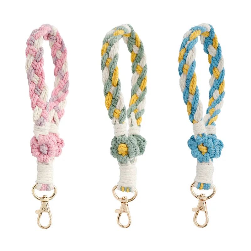 Hand Crocheted Lanyard Key Chain Bohemian Flower Anti-lost Wrist Strap For Mobile Phone Bag Pendants Macrame Gift Accessories