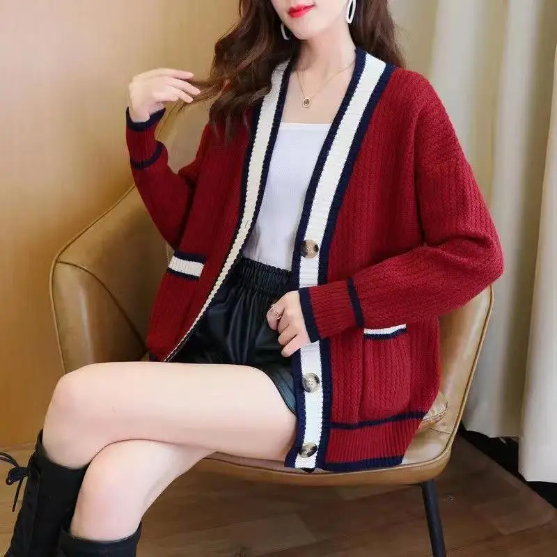 Women\'s Clothing Korean Fashion Contrast Color Chic Button Cardigan Female Casual V Neck Long Sleeve Loose Knitted Sweater Coats