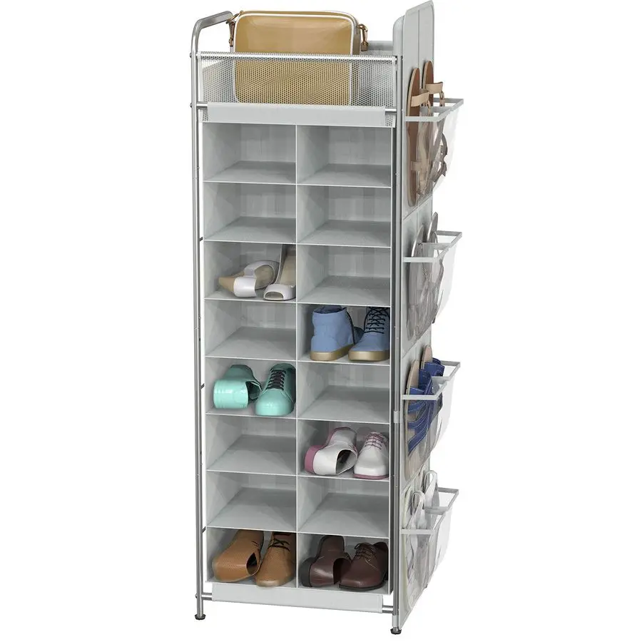 

16 Cube Shoe Stand Tower Rack 8 Tier with Top Shelf and Side Hanging Pockets, Gray