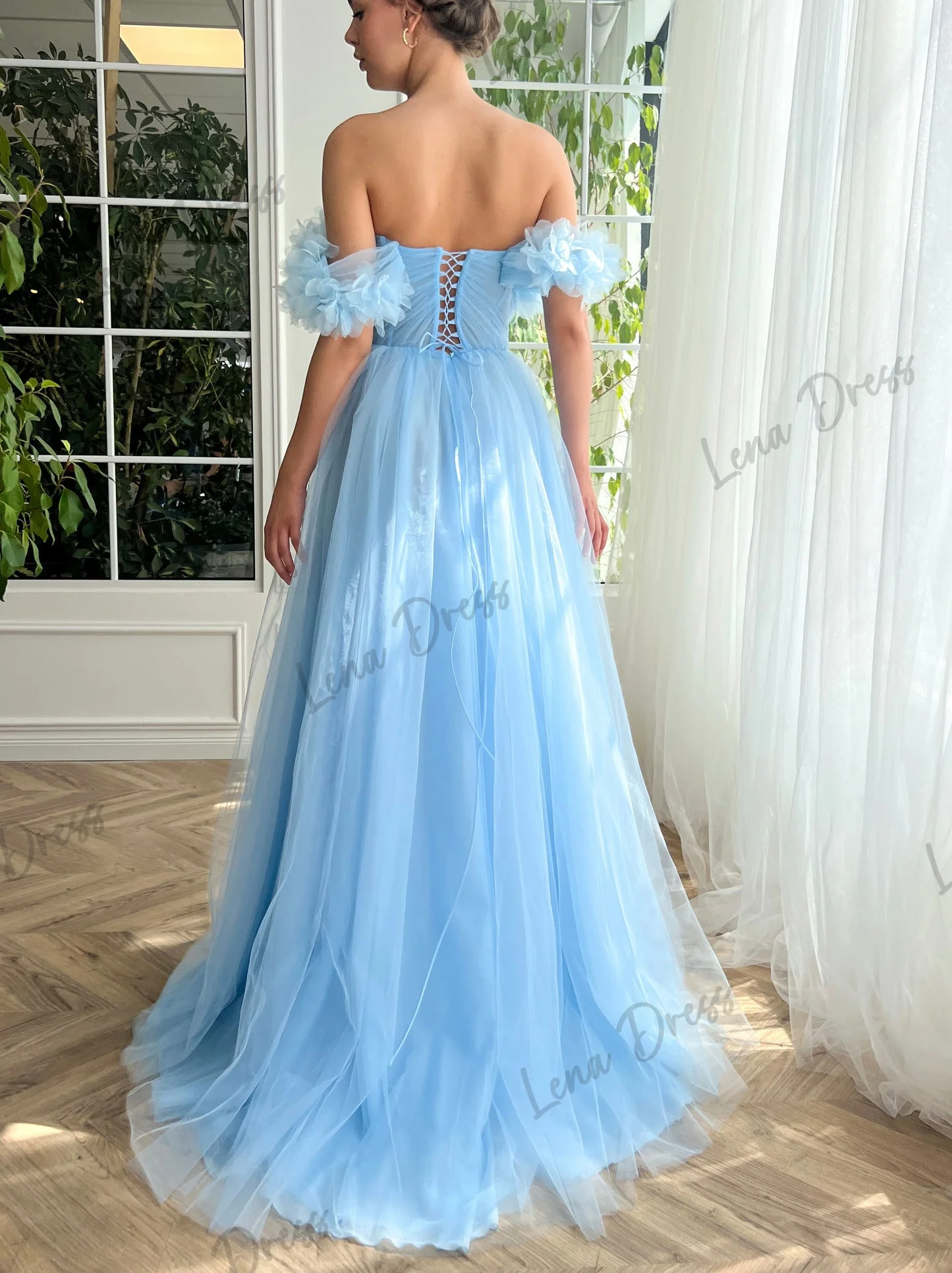 Lena Ball Gowns Gauze Party Dress for Wedding Guest Dress Women A Line Long Skirt Sky Blue Off the Shoulders Side Slit Dresses