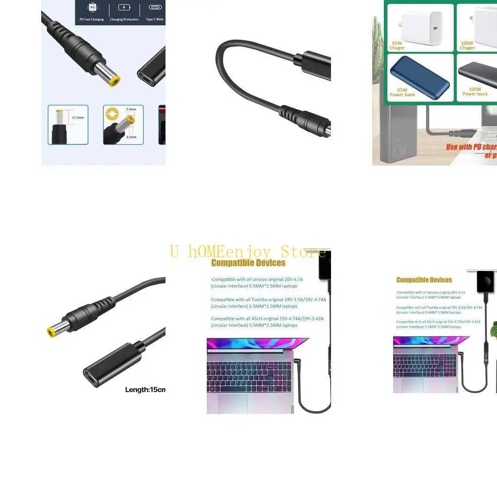 B0KF TypeC UsbC Female to DC5.5x2.5mm Power PD Charging Cable for Laptop 18-20V