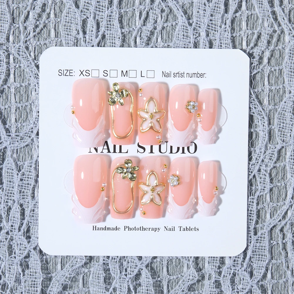 10Pcs/Set Handmade Medium-sized Almond 3d gel flower Golden French Press on nails，Leopard print and crystal embellishments view 4