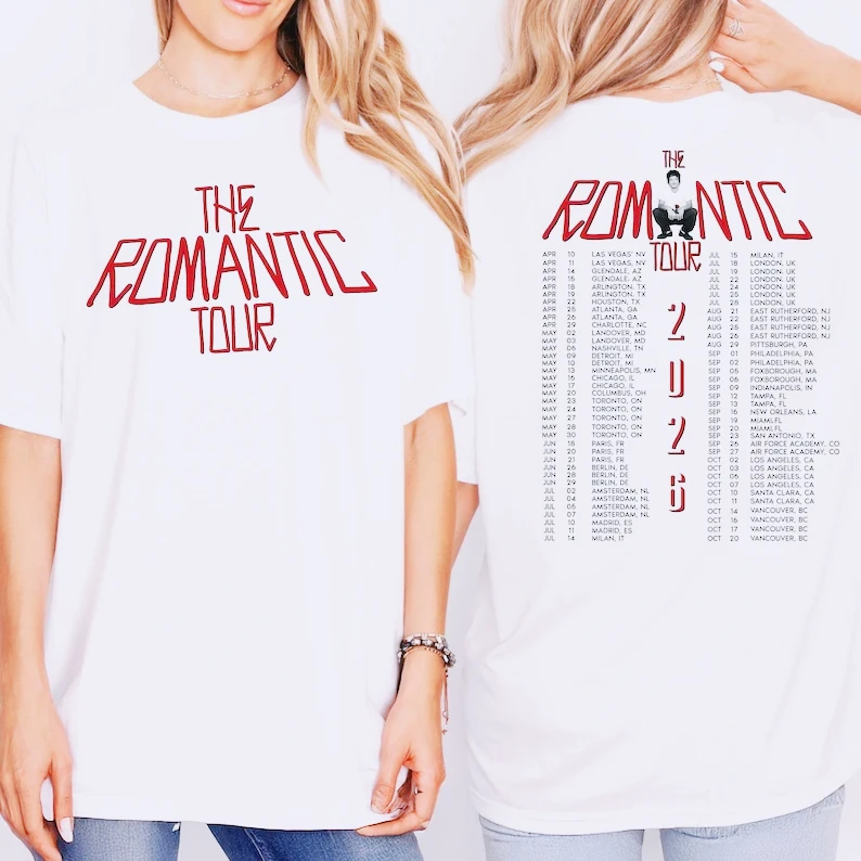Bruno Mars The Romantic Tour Inspired Print Short Sleeve Cotton T-shirt 2026 Retro Pop Concert Men Women Tee Music Fan Gift
