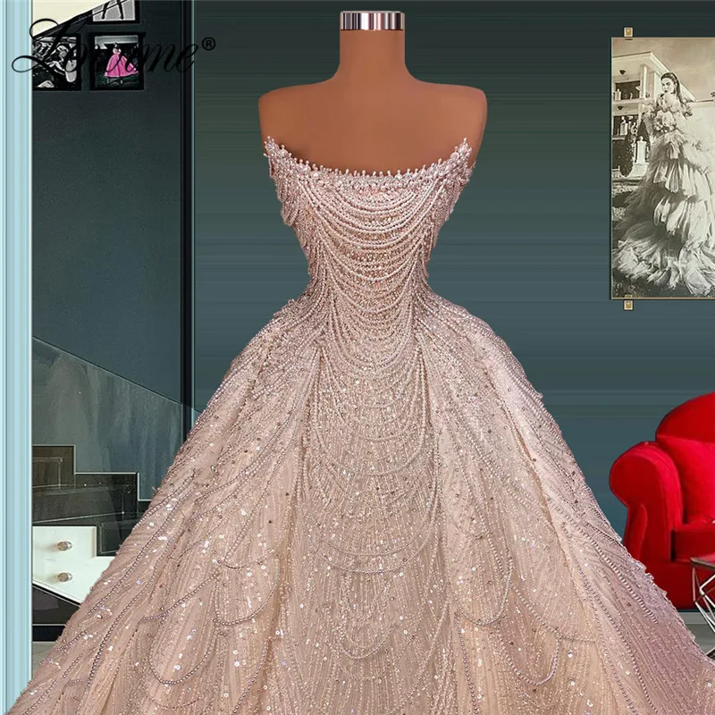 Luxury Puffy Long Prom Dresses 2022 Couture Beading Tassel Women Elegant Celebrity Dress Dubai Strapless Party Gowns For Wedding