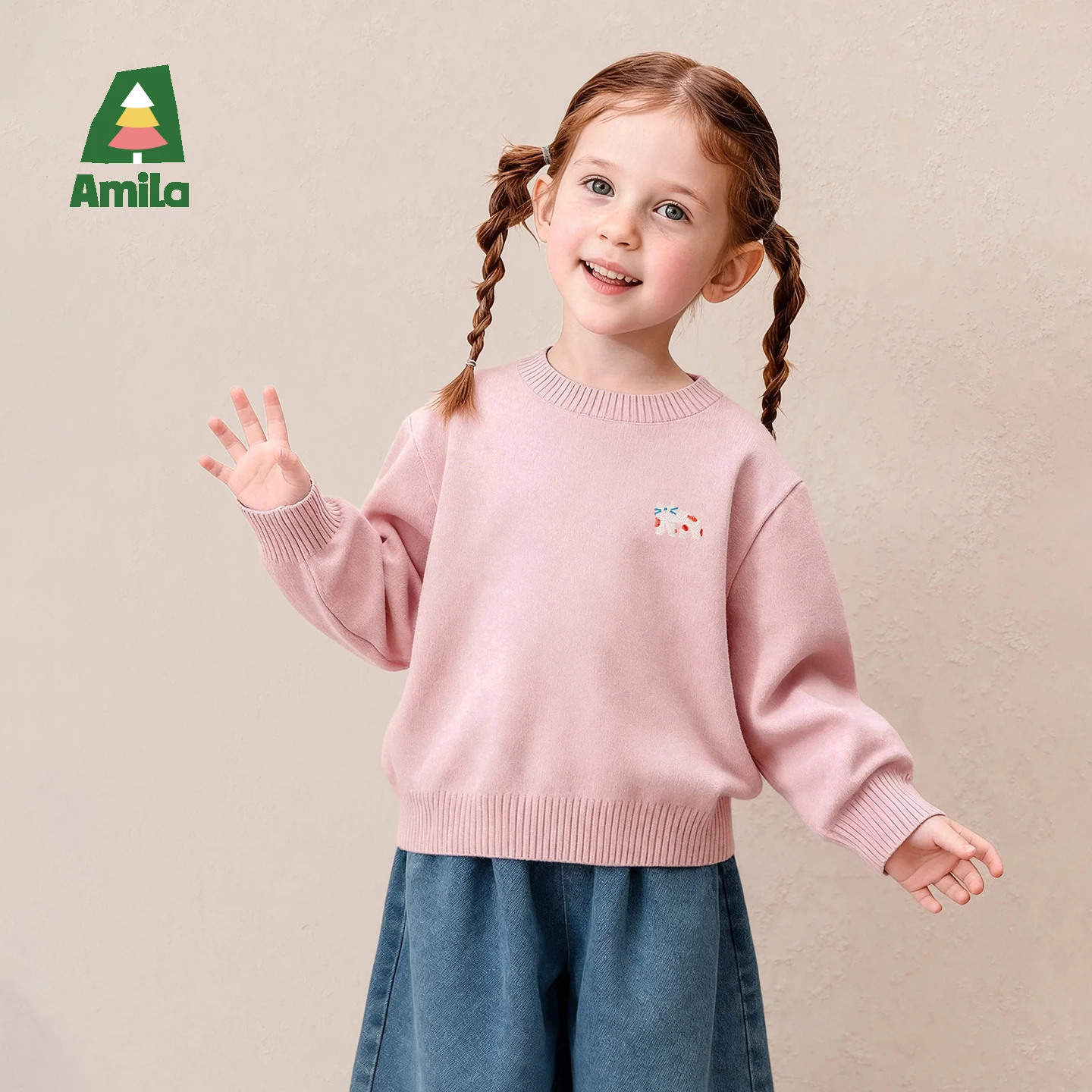 Amila 2026 Autumn New Kids Color Block Knit Top Four Color Playful Embroidery Extra Soft Skin Friendly Versatile Top