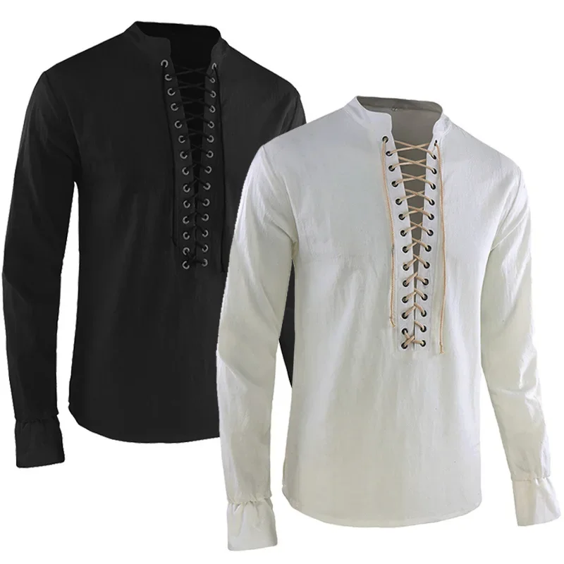 

Medieval Renaissance Archer Larp Knight Costume Mens Cotton Tops Shirt Lacing Up Sleeves Pirate Celtic Warrior Cosplay For Adult