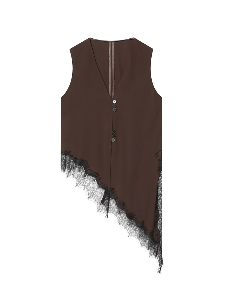 2026 Women Lace Trim Vest Top Fashion V-neck Button Vintage Asymmetrical Sleeveless Tank Top Summer Female Casual Streetwear