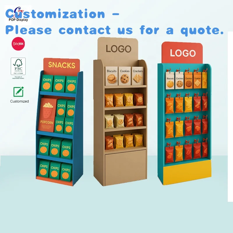 custom.Supermarket Retail Display Racks Cardboard Display Stands Food Nuts Biscuit Potato Chip Chocolate Candy Snack Display