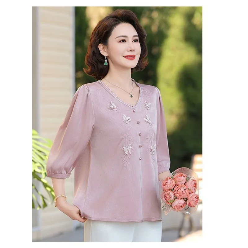 

Women's Satin Blouse Pearl Button Lace Trim Top Shirts