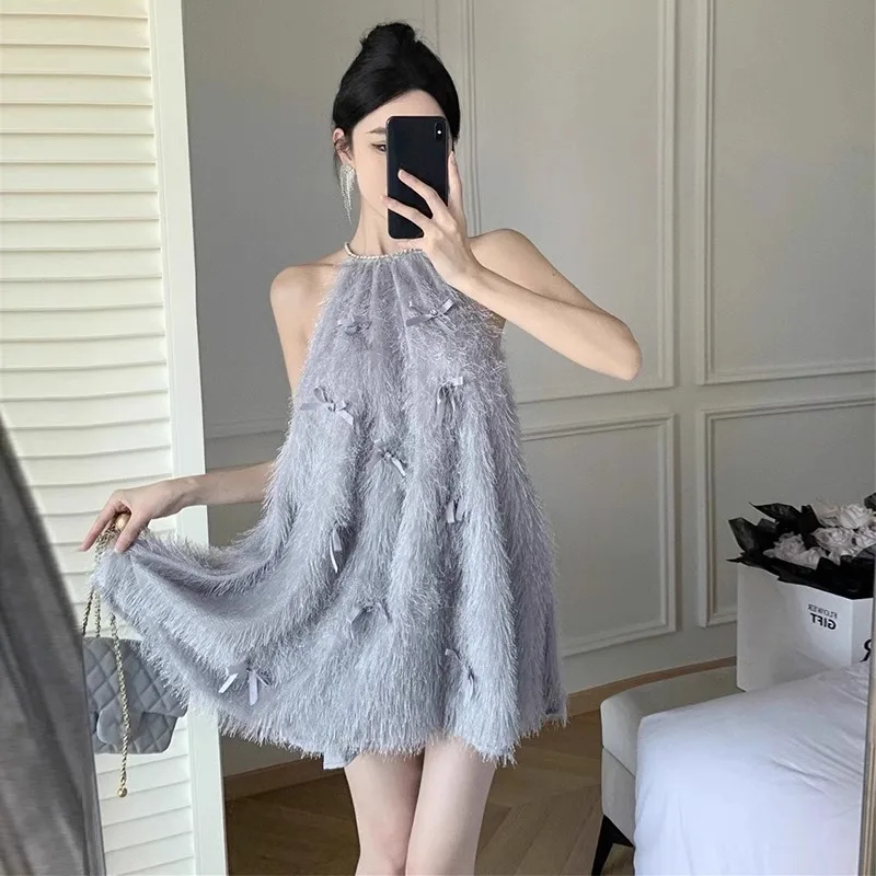 Elegant Beaded Pearl Tassel Dress With Bow Women Temperament Sleeveless Halter Off Shoulder A-line Mini Dresses Loose Fitting