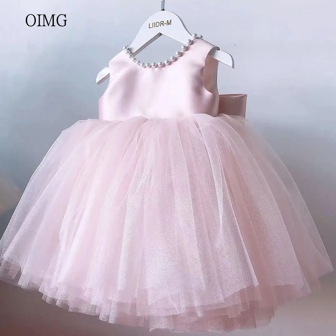 

OIMG Ball Flower girl Dresses Sleeveless With A Bow Tie Gown Wedding Party Dress Pearl Neck Birthday Dress Customized