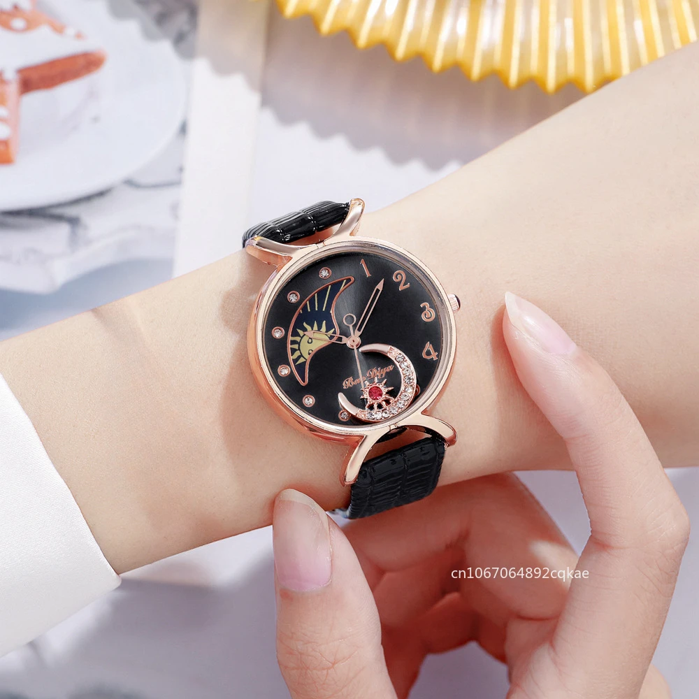 

Fashion Luxury Quartz Wristwatches Elegant Moon with Diamonds Watches Women Casual Female Leather Watch Creative Montre Femme