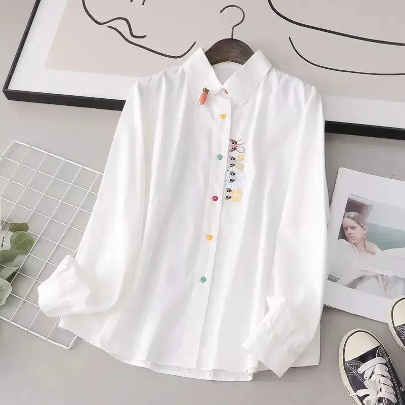

Women Spring Autumn Style Blouses Shirts Lady Casual Long Sleeve Turn-down Collar Cartoon Embroidery Blusas Tops