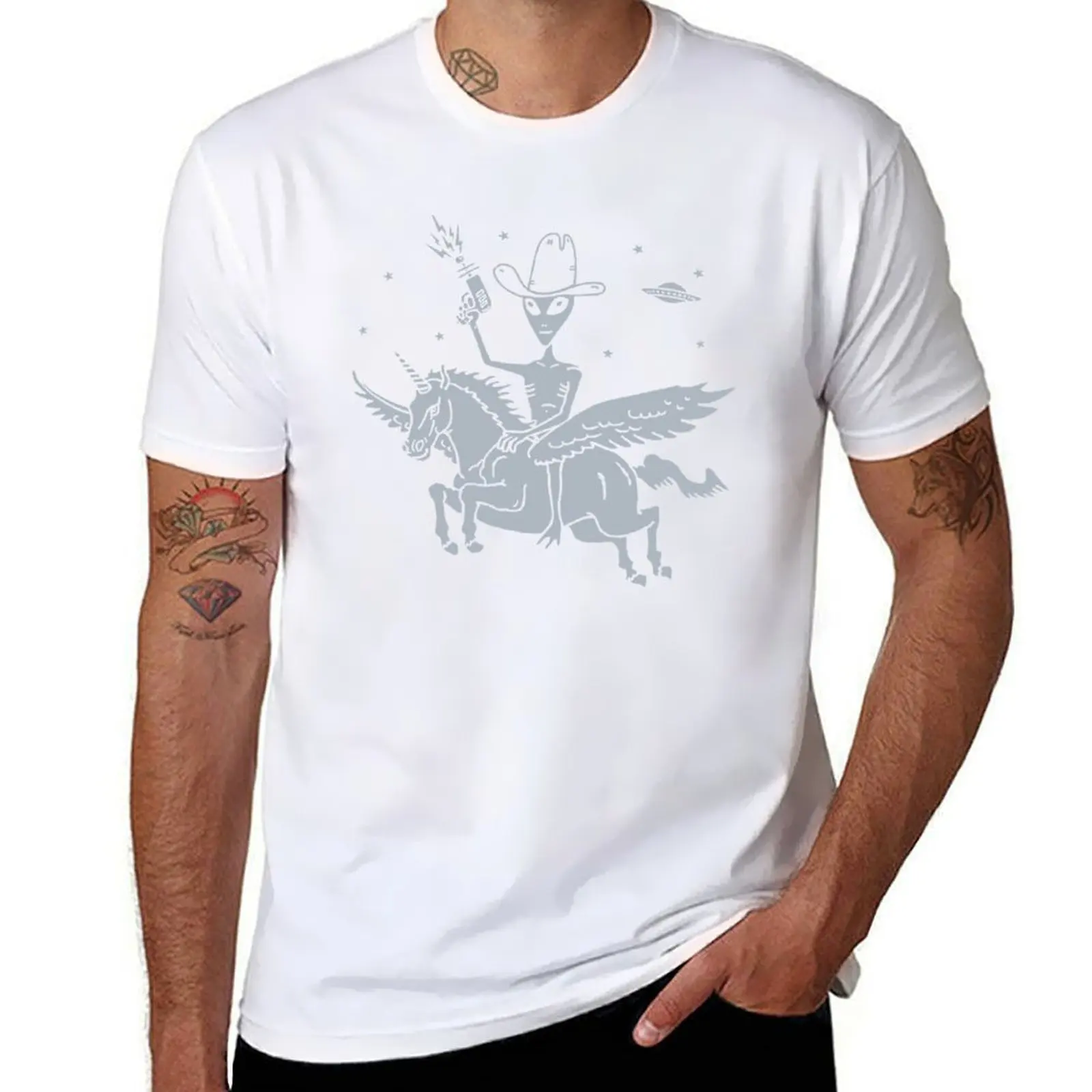 

Alien Riding Unicorn Funny Cool Ufo Area 51 Roswell New Mexico Weird Graphic Cryptozoology Space Cowboy T-Shirt