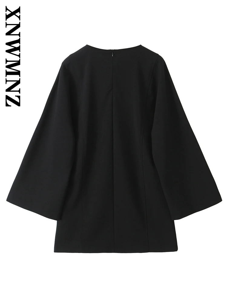 XNWMNZ 2024 New Autumn Woman's Casual O-Collar Long Sleeve Dress Top Women Clothing Fashion Solid Color Ruffles Short Mini Skirt