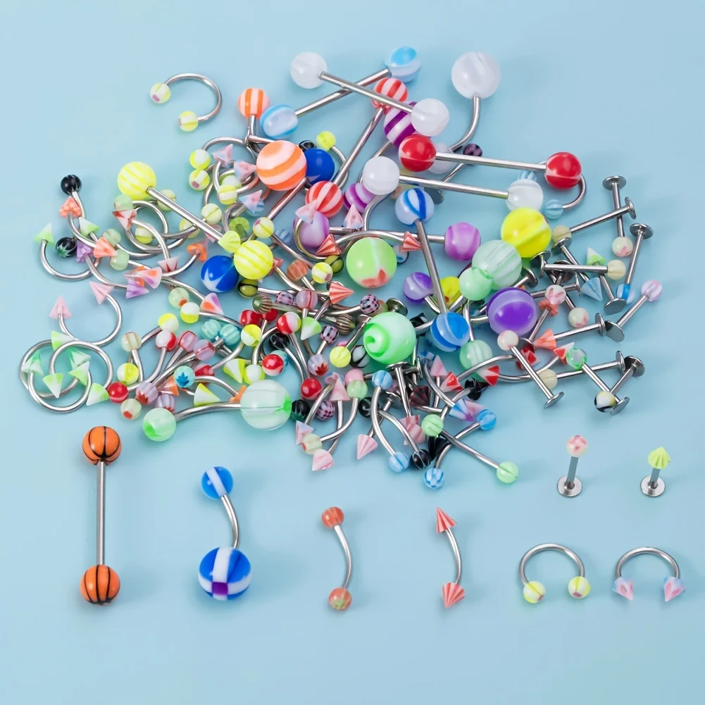 45/80/110Pcs Mix Styles Stainless Steel Tongue Eyebrow Belly Nose Ring Ear Cartilage Tragus Body Piercing Jewellery Without box
