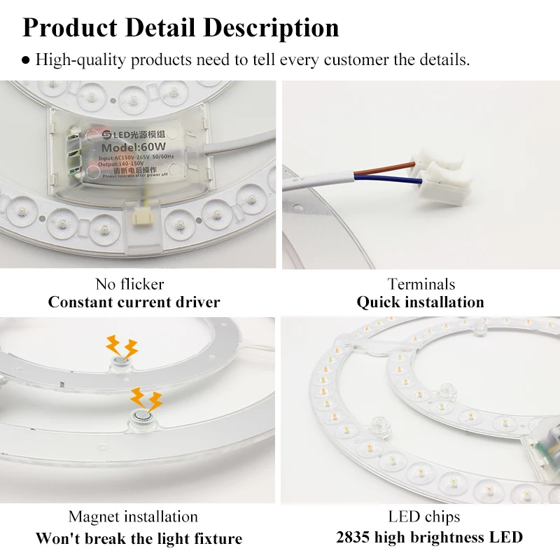 Plafonnier LED de remplacement, panneau lumineux rond, lampe technique pour ventilateur, 220V, 60W