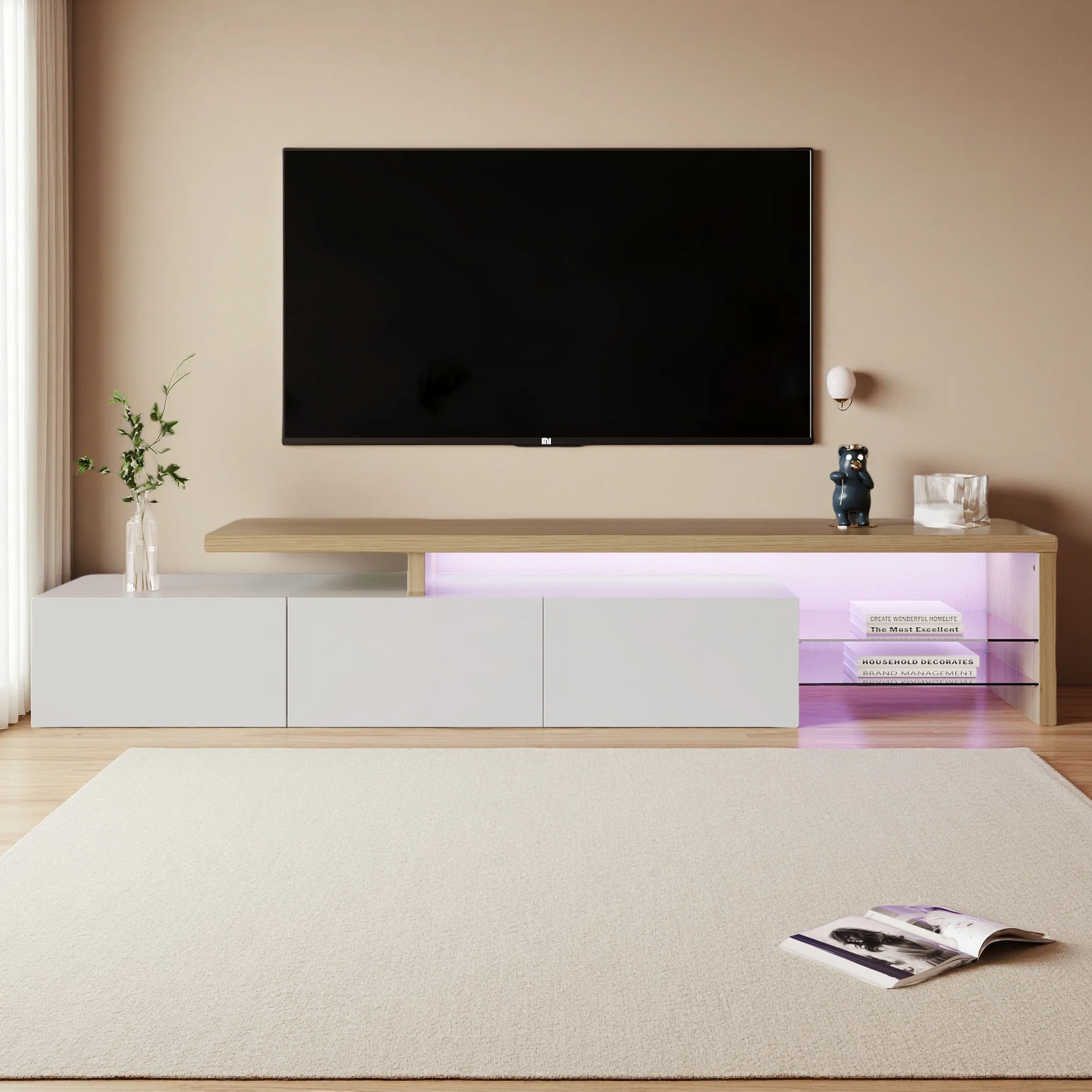 Meuble TV moderne Fangange 200 cm avec LED, meuble TV avec 3 portes pour salon, buffet, armoire de cuisine, étagères de rangement, blanc