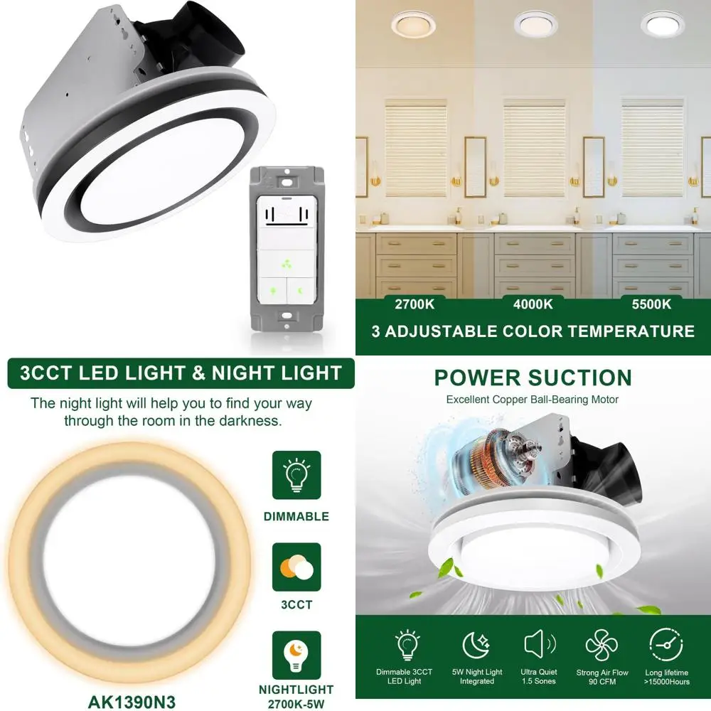 

Bathroom Exhaust Fan with Dimmable LED Light, 90 CFM, 1.5 Sones, 15W 3CCT Light, 5W Energy-Efficient Ventilation System
