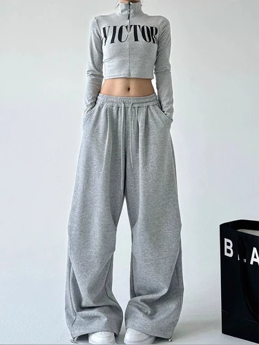 Imagen 2 del producto Pantalones de chándal de pierna ancha Y2K Harajuku para mujer, ropa de calle holgada de talla grande, pantalones deportivos grises, pantalones informales con cordón de cintura alta