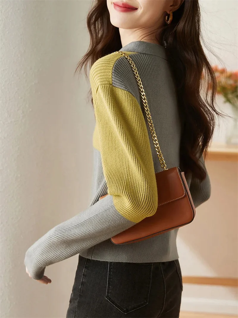 Knitted Cardigan Women's Long Sleeved Loose 2024 New Casual Thin Jacket Spring And Autumn Korean Color Blocking French Chic Top