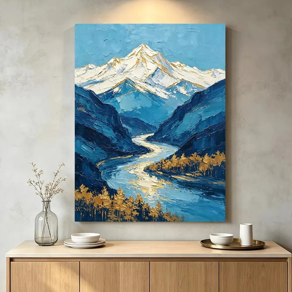 DIY Paint by Numbers Modern Blue Gold Snow Mountain Natural Scenery for Adults Beginner Canvas Wall Art Home Decor Gift