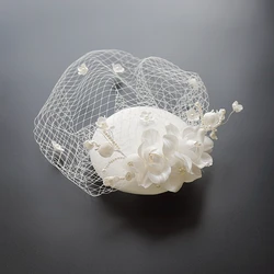 Wedding Hats White Elegant Women Hat Satin Fabric with Birdcage Veil Wedding Party Headdress chapeau ceremonie mariage