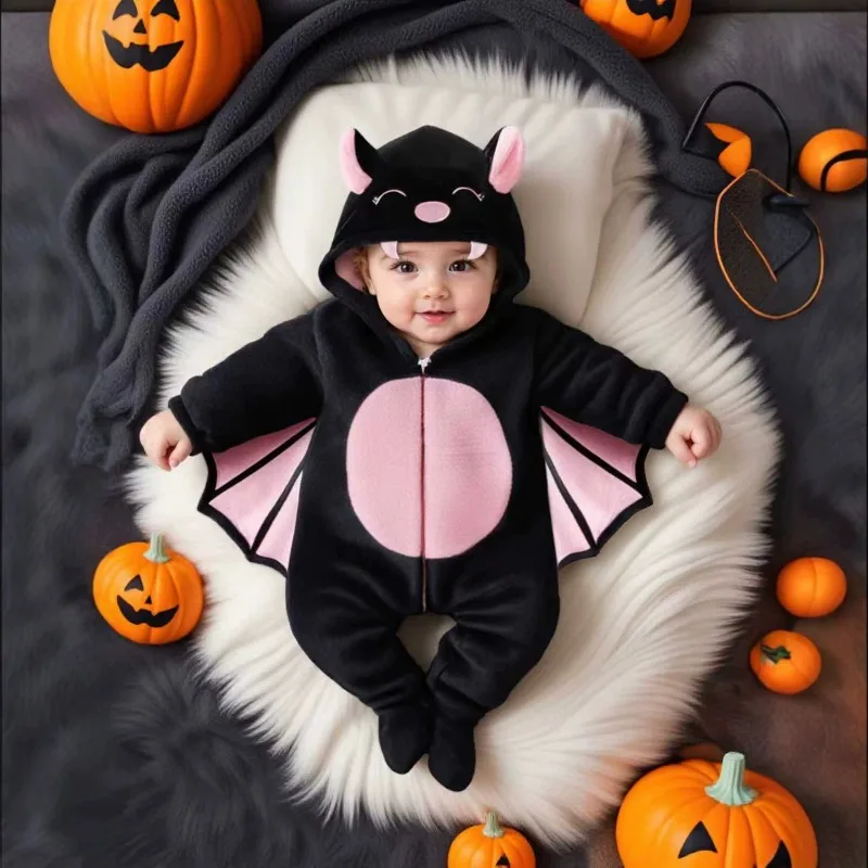 Newborn Infant Baby Black Bat Hooded Romper with Pink Belly Ears Teeth Wings Plush Warm Winter Halloween Cosplay Playsuit 0 24 M