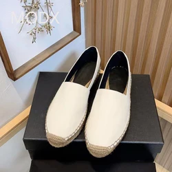 Women Luxury Fisherman Shoes 2024 New Genuine Leather Handmade Straw Weaving Shoes Letters Embroidery Slip-on Canvas Flat Shoes