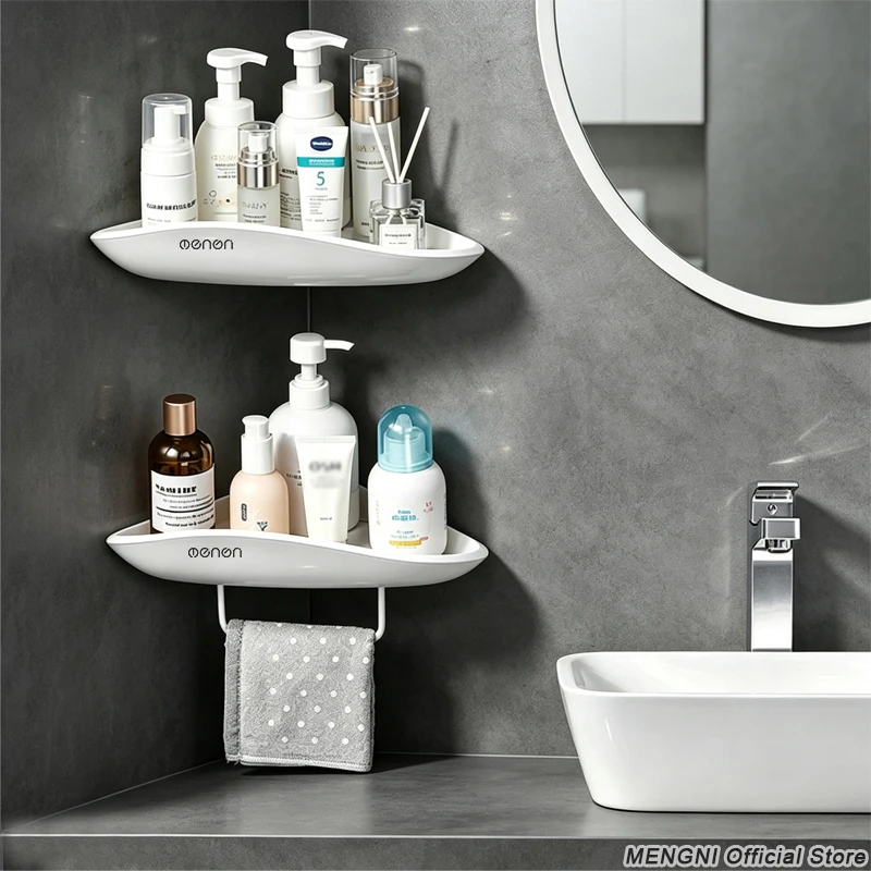 Triangular Space-Saving Suction Cup Bathroom Storage Shelf No Drilling Required Multifunctional Storage Organizer with Towel Bar
