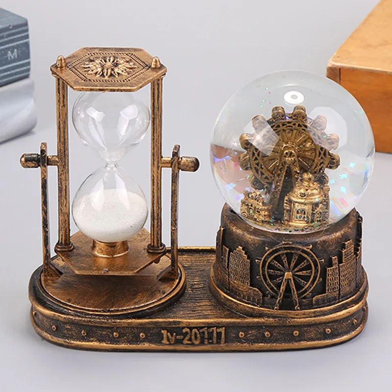 Crystal Ball Hourglass Timepiece Water Retro Eiffel Tower Quicksand Luminous Snowball Crystal Ball Glass Ball Desktop Decoration