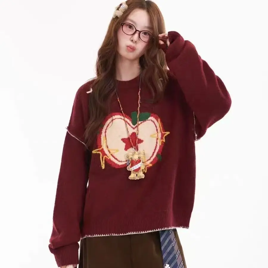 Wysokiej jakości haftowana koreańska bluza w kolorze słodkiego jabłkowego zielonego, z okrągłym dekoltem, luźna, gruba, ciepła na zimę, dzianina, styl lolita dla dziewcząt i studentek.