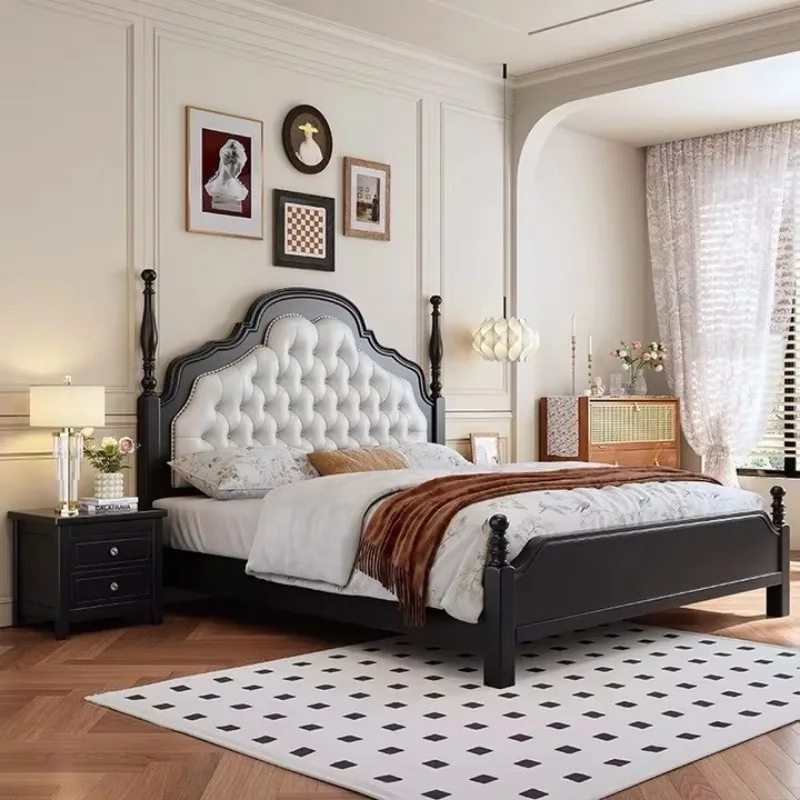 Minimalist Black 1.8m Plywood Solid Wood Double Bed, American Vintage Detachable Non-Collapsible Bed for Master Bedroom