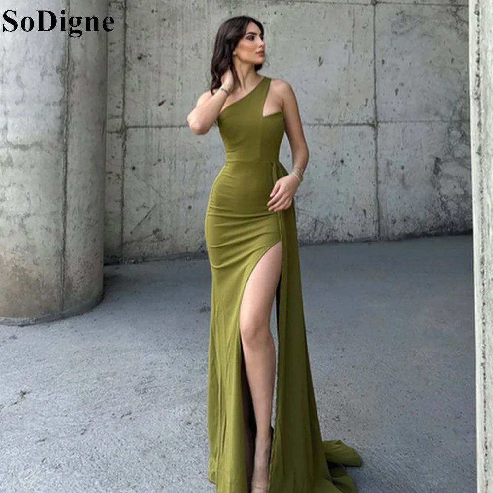 SoDigne Oil Green One Shoulder Mermaid Evening Dresses High Split Sleeveless 2024 Prom Party Gown for Women Vestidos de Fiesta