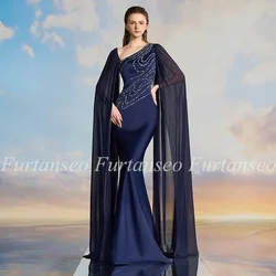 Navy Blue Mermaid Prom Dress with Sleeve Wings Crystal Stones Sweep Train Chiffon Satin Evening Gown Saudi Arab Party Dresses