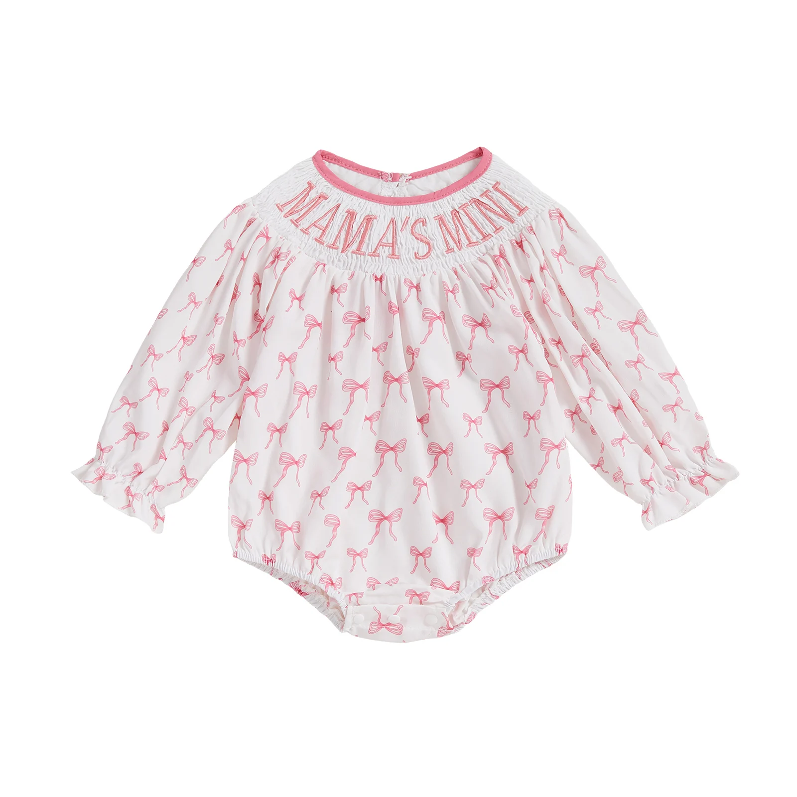

Baby Girl Bow Romper Letter Embroidered Smocked Round Neck Long Sleeve Bodysuit Cute Fall Clothes
