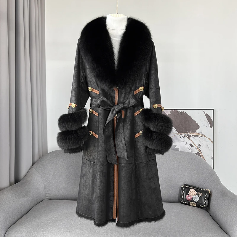 

PUDI Hot Sale Lady Real Rabbit Leather and Fur Warm Jacket With Fox Fur Collar Trench Coat CT2130