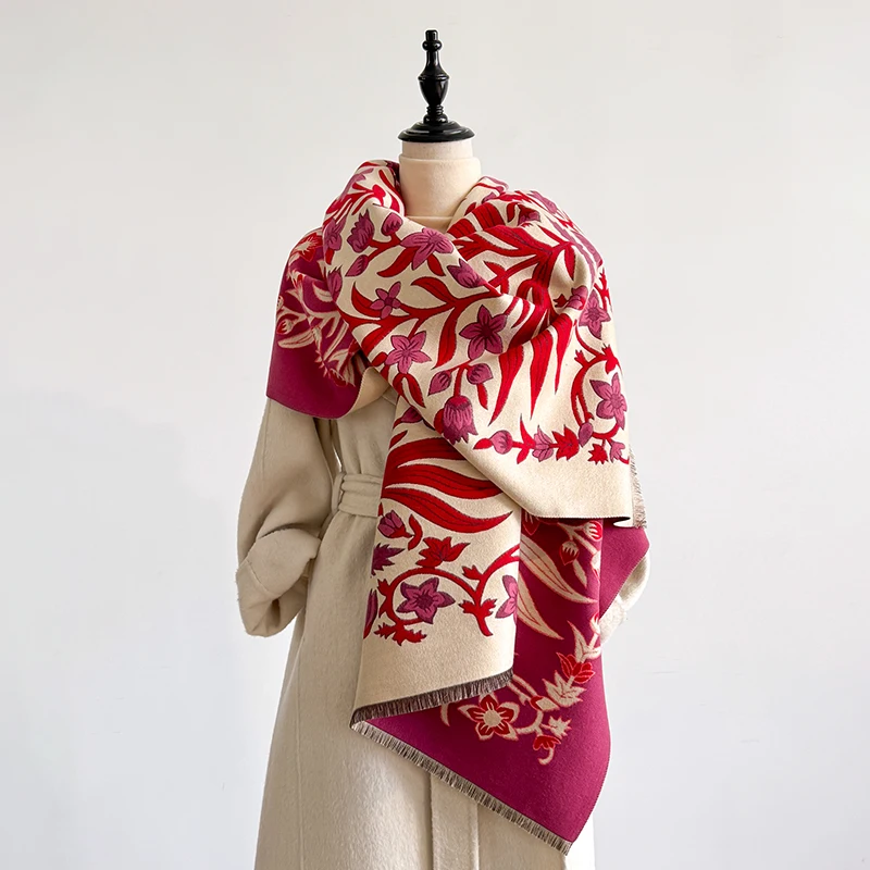 2025, Luxusmarke Damen-Winterschal aus Kaschmir – Pashmina-Schal mit Blumenmuster, Quasten, Bandana und Poncho – Detail 11