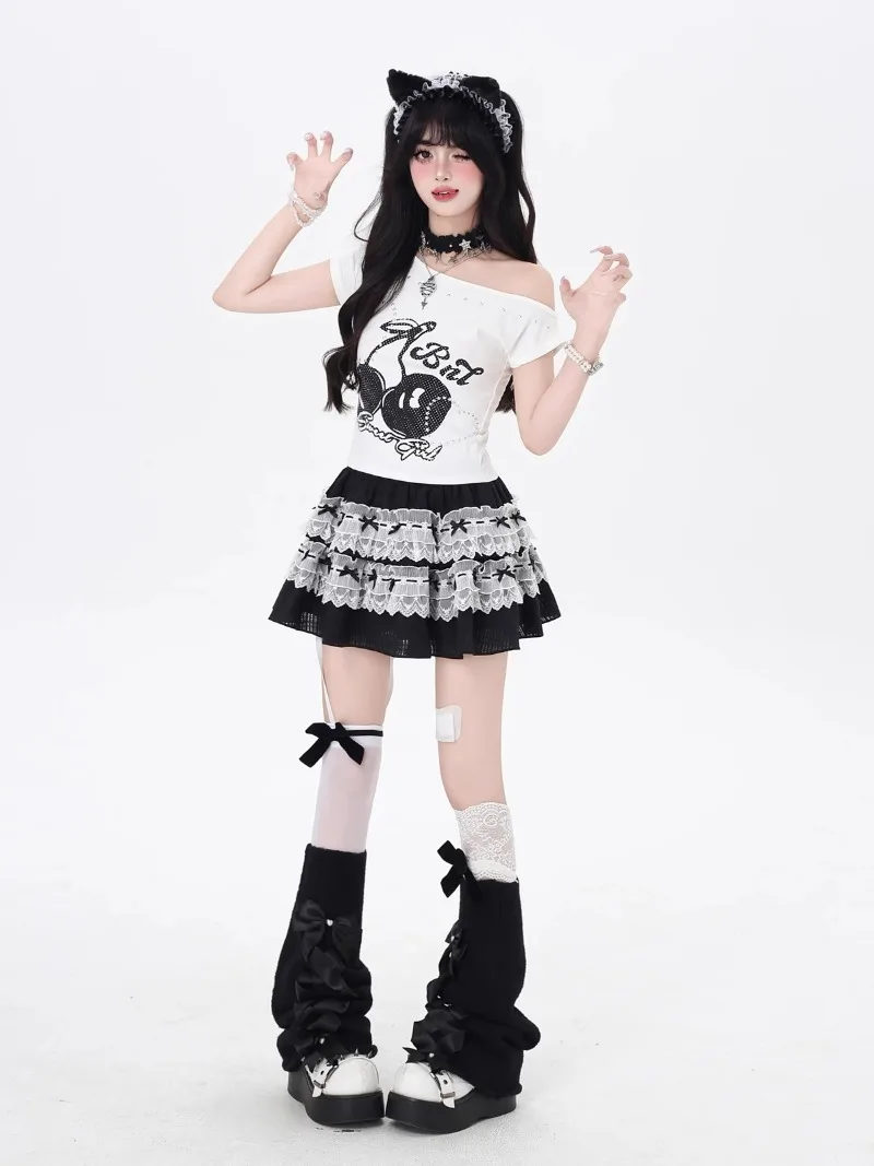 Japanese Black And White High-waisted Mini Skirts Lace Bow Sweet Versatile 2025 Spring Summer Puffy Cake Skirt Women's Clothing