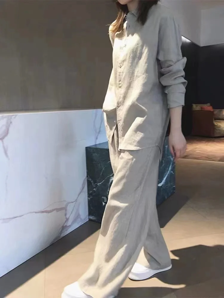 Women's Cotton Linen Set Casual Sle Two-Piece Suit Autumn Faion Design Sensation Large Size irt And Straight Leg Pants