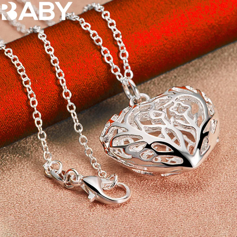 

URBABY 925 Sterling Silver Hollow Heart Pendant Necklace For Women Men Wedding Engagement Party Jewelry With 16-30 inch Chain