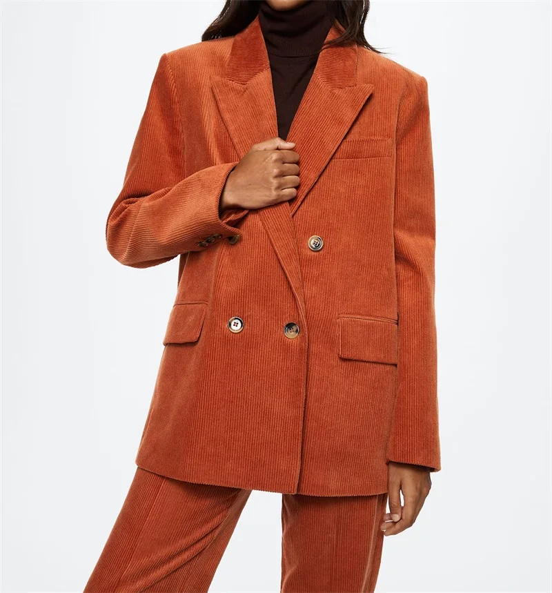 Ensemble 2 pièces Blazer et pantalon en velours côtelé pour femmes, costume d'hiver Orange, sur mesure, Double boutonnage, pour bal de mariage