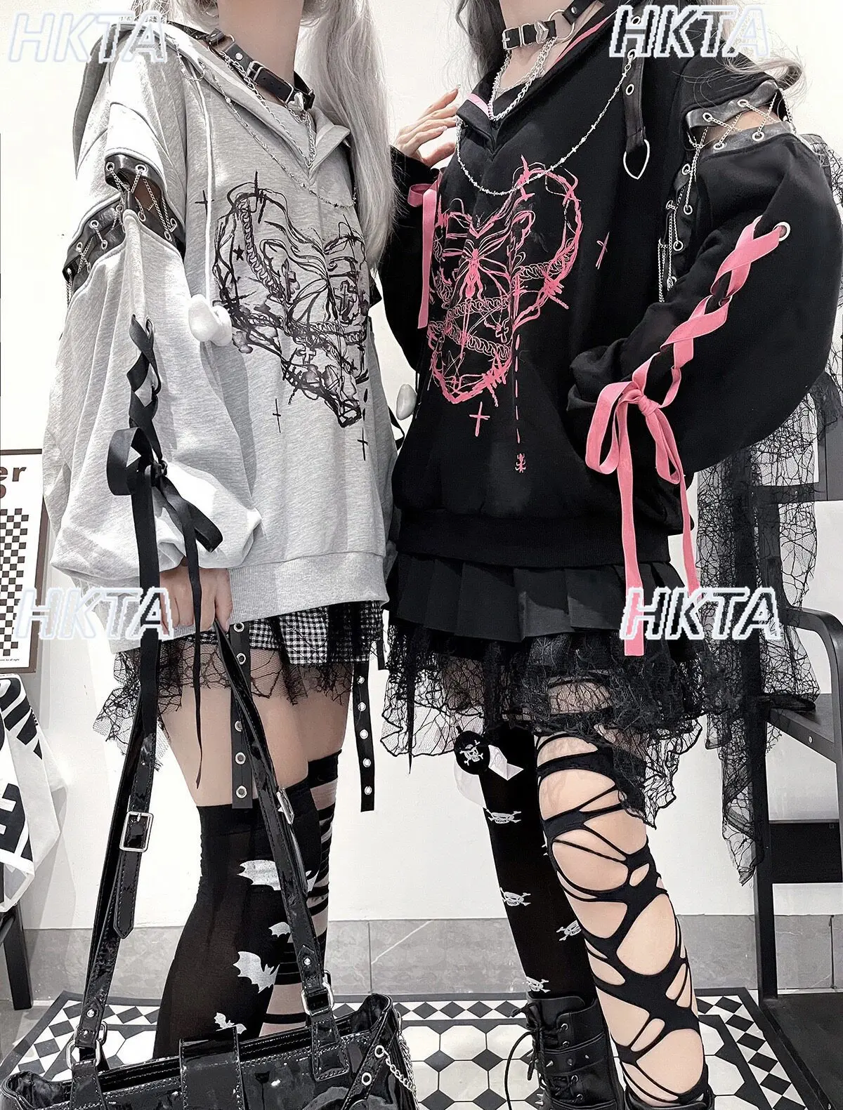 Subculture Y2k Sweet Cool Student Street Loose Casual Navy Collar Print Sweathirts Hoodies Irregular Chain Black Skirt Women