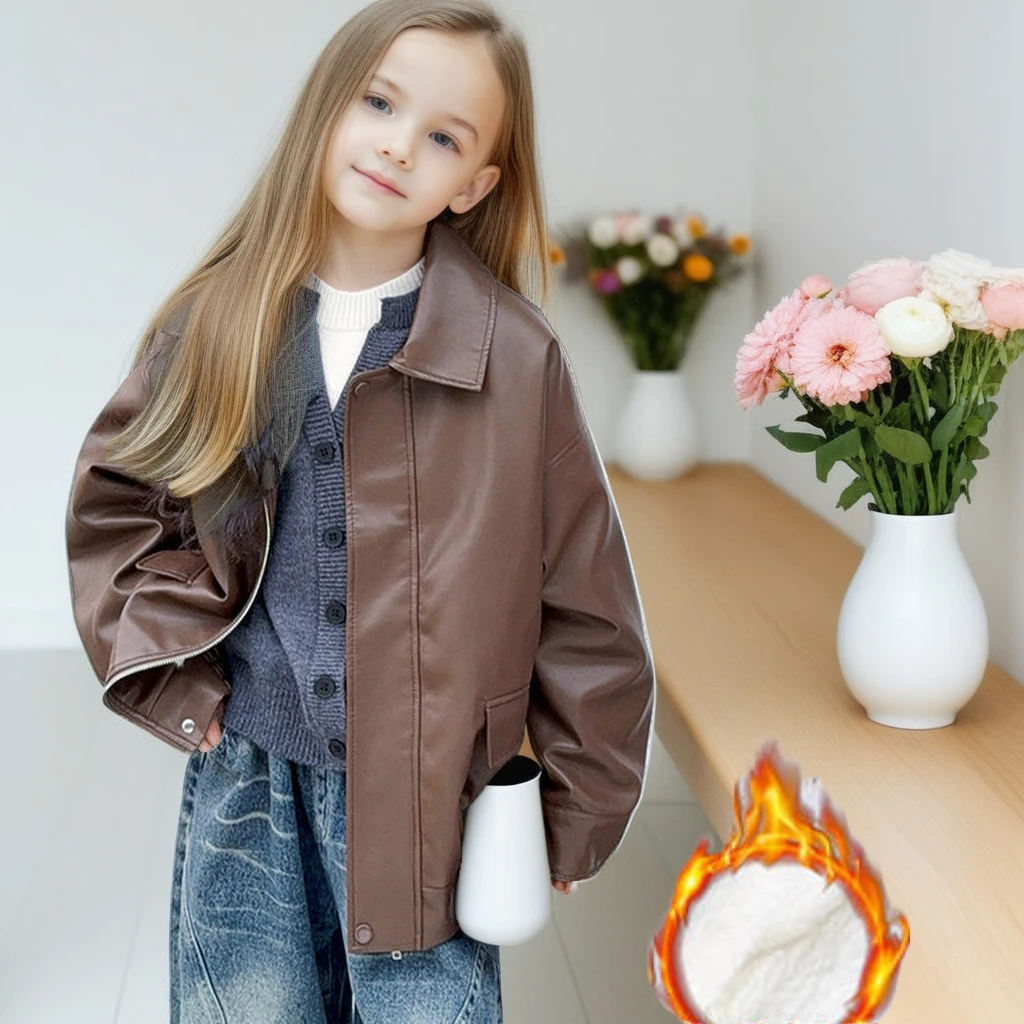 

Girls Faux Rabbit Fur Lined Jacket Winter Thicken PU Leather Coat Windproof Warm Jacket for Kids Fashion Teen Biker Outerwear