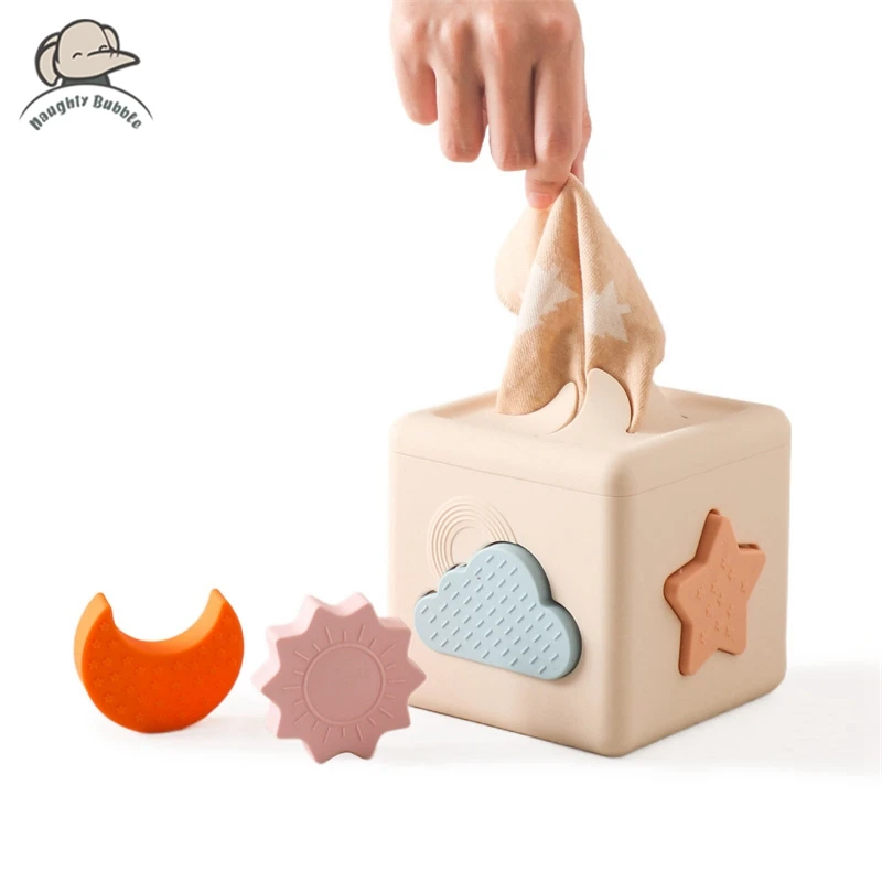 Montessori Toys Silicone Star Sun MoonCloud Shape Matching Box Bpa-free Teether Family Cardboard Box Baby Color Recognition Roy