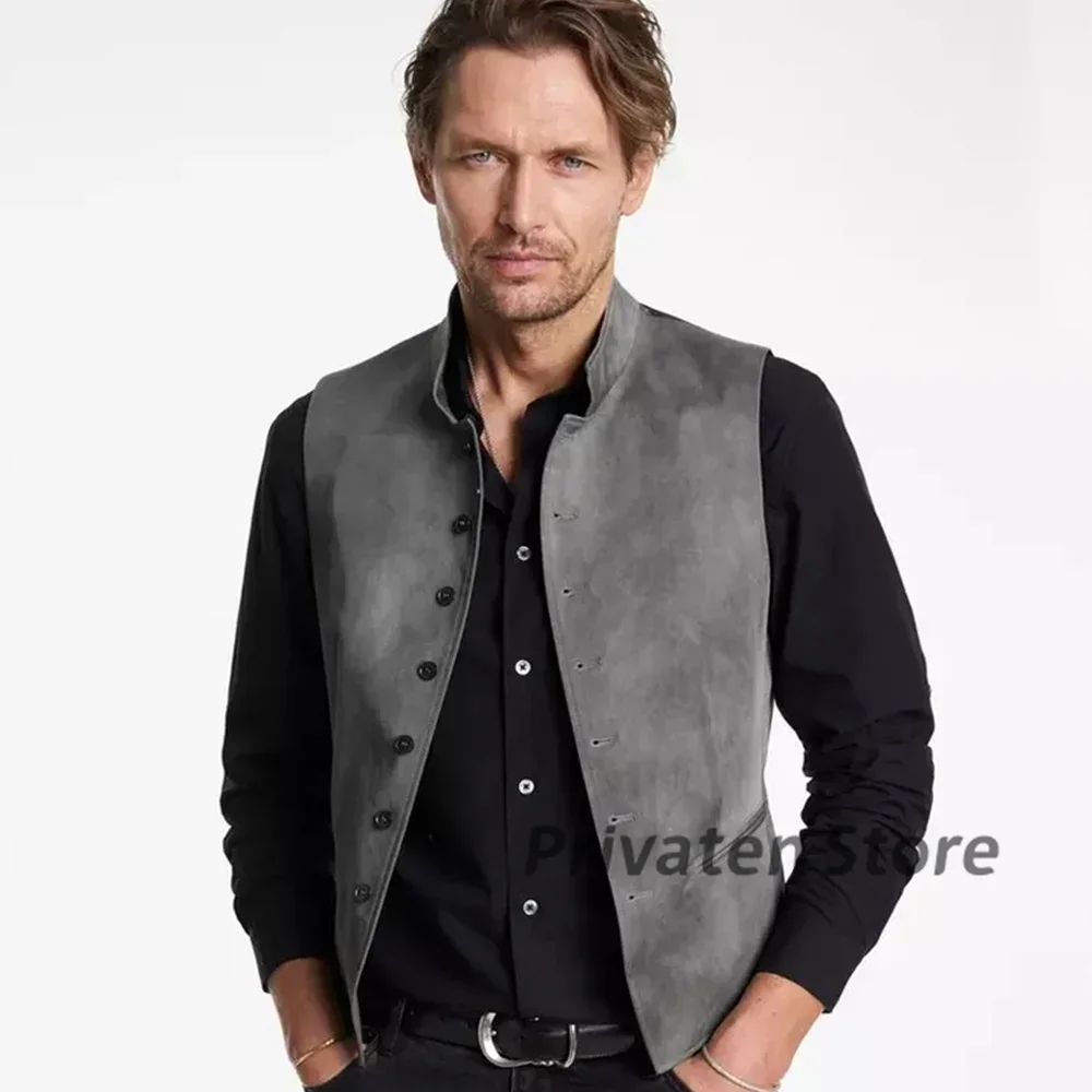 

Men's Vest Suede Single Side Button Gray Sleeveless Large Size Western Denim Punk High Quality Male Jacket 여름자켓