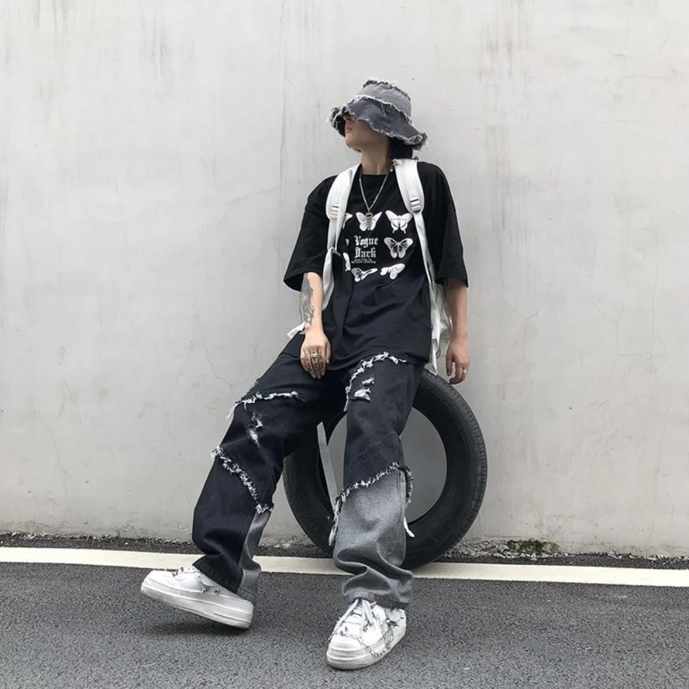 High Street Man Denim Pants Trousers Retro Y2k Straight Jean Streetwear Loose Mopping Pants Loose Design Fashion Casual Pants