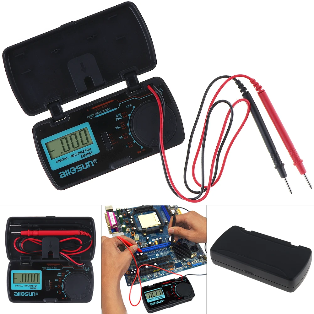 Mini Display Lcd Multímetro Digital com um Par Caneta de Teste para Medição dc Tensão ac e dc Atual Resistência Em3081
