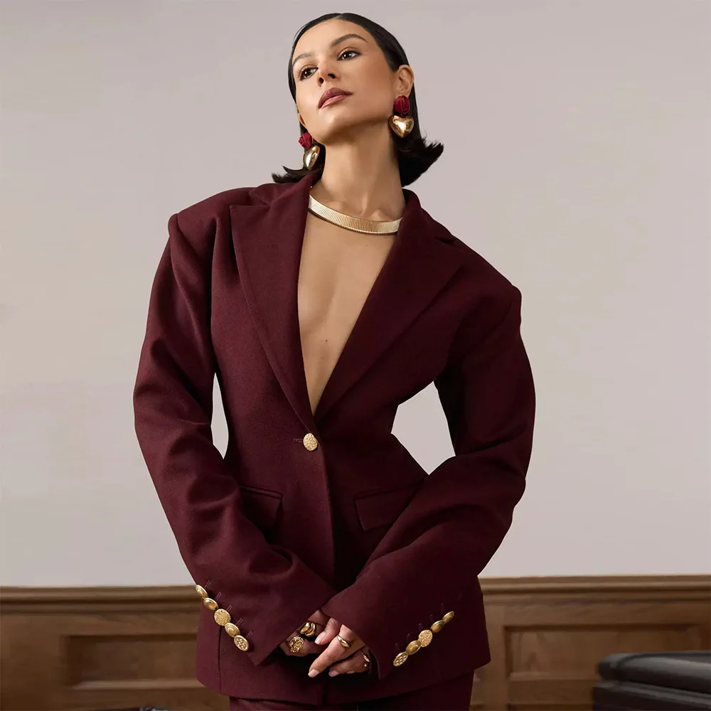Blazer Women Fall Winter New Elegant V Neck Waist Wine Red High Class Suit Jacket